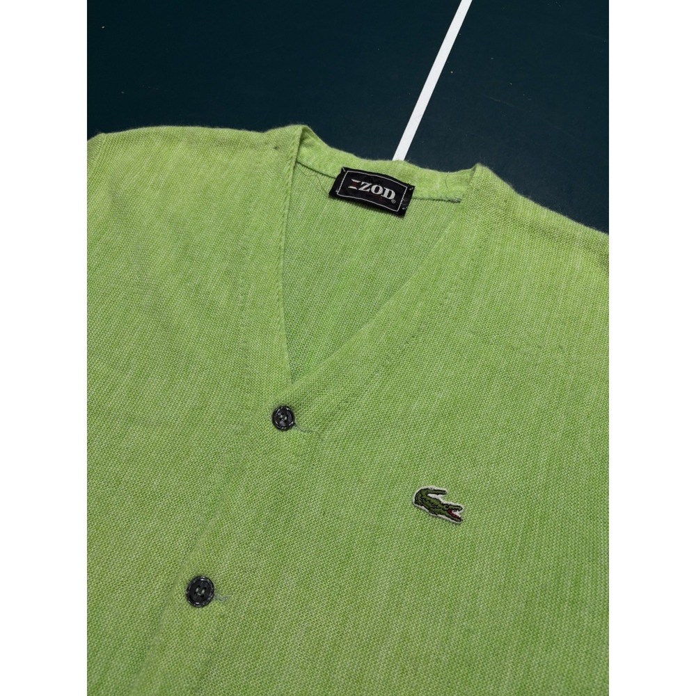 Vintage 80s Izod Lacoste Cardigan Knit Sweater Men's Large Lime Green Preppy - Picture 2 of 8